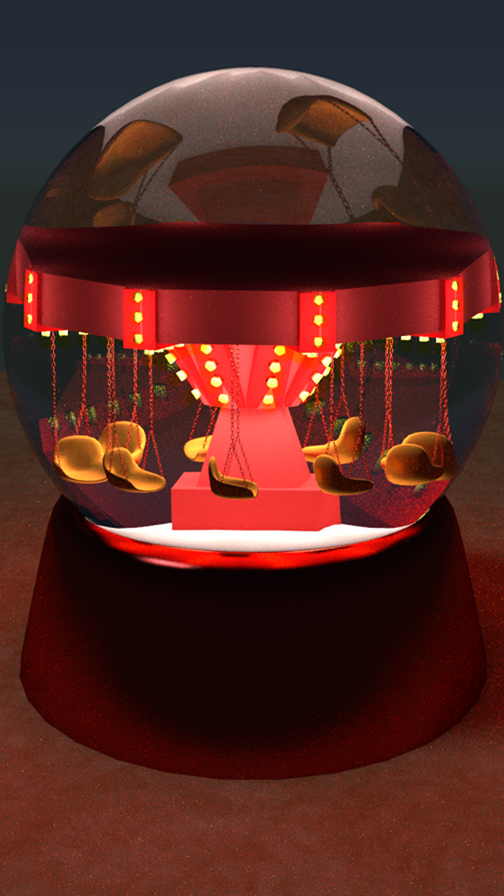 3D rendering. A snow globe containing a swing carousel. The carousel is red and lit with yellow light bulbs. There is a bit of snow at the bottom of the snow globe. The globe sits on a brown-ish flat plane.